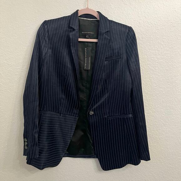 NWT Banana Republic Satin Blazer Women’s Size 0 Navy Pinstripe Boyfriend Office - Picture 5 of 16